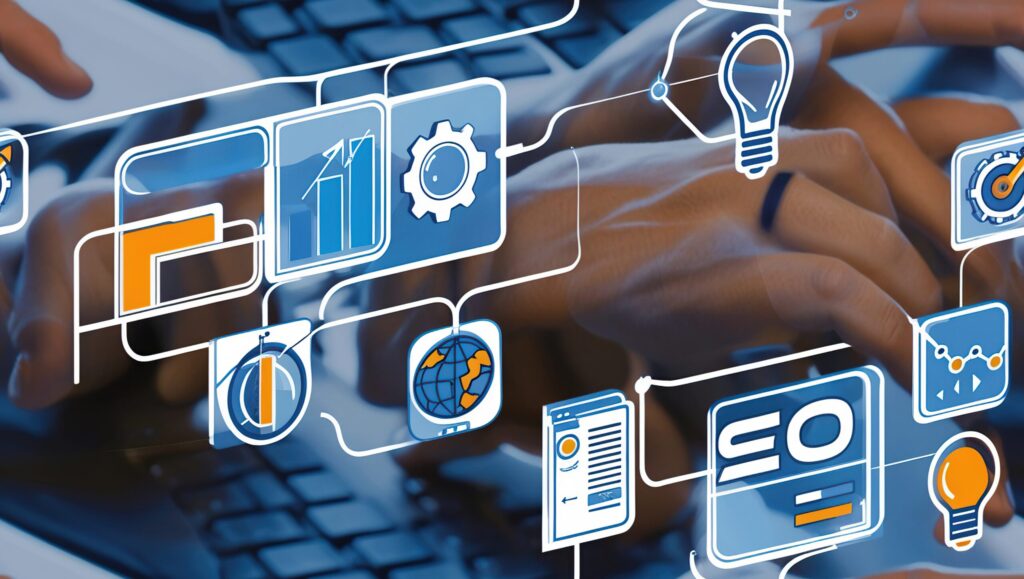 hands typing keyboard with network icons representing business strategy technology innovation scaled 1 Technické SEO a jeho formy marketingová agentúra